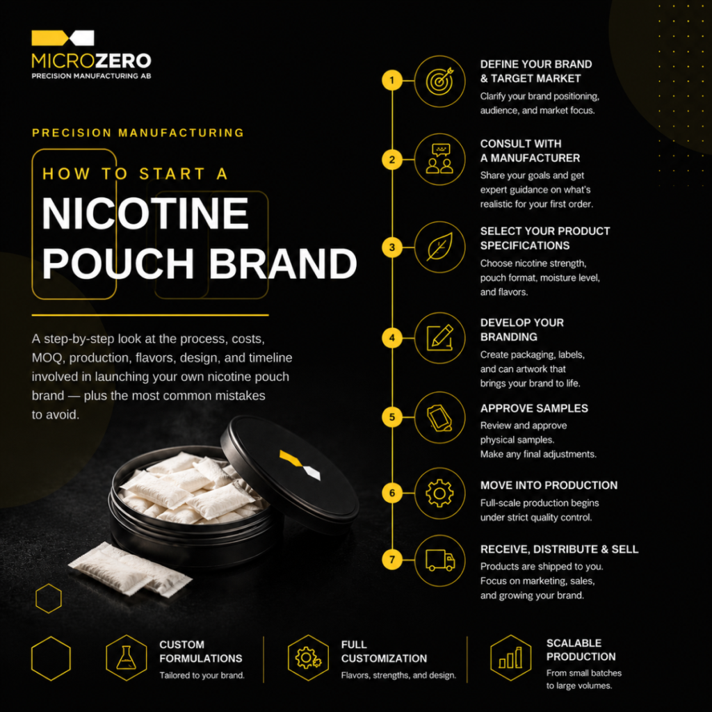 Infographic showing the step-by-step process of starting a nicotine pouch brand, including branding, product development, white label manufacturing, production, and launch.