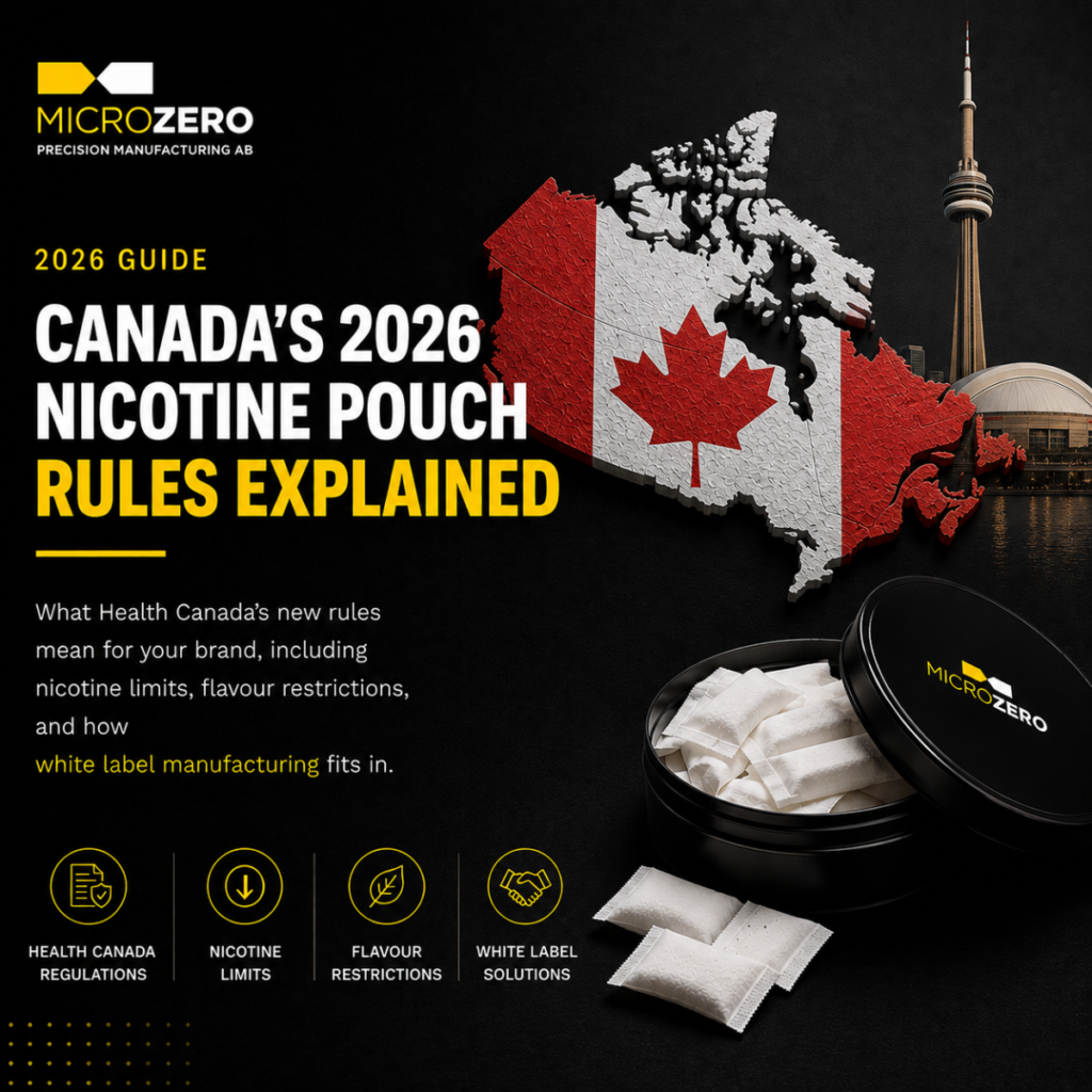 Canada nicotine pouch rules in 2026, including Health Canada regulations, nicotine limits, flavour restrictions, and white label manufacturing.
