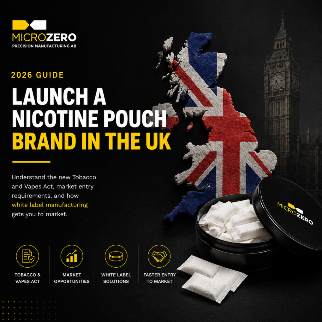 Launching a nicotine pouch brand in the UK in 2026 with white label manufacturing and new Tobacco and Vapes Act regulations.